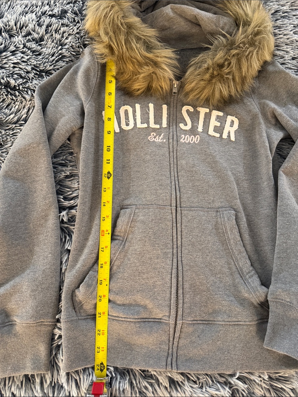 Hollister Gray Zip-Up Hoodie with Faux Fur Hood Trim - Picture 2 of 4